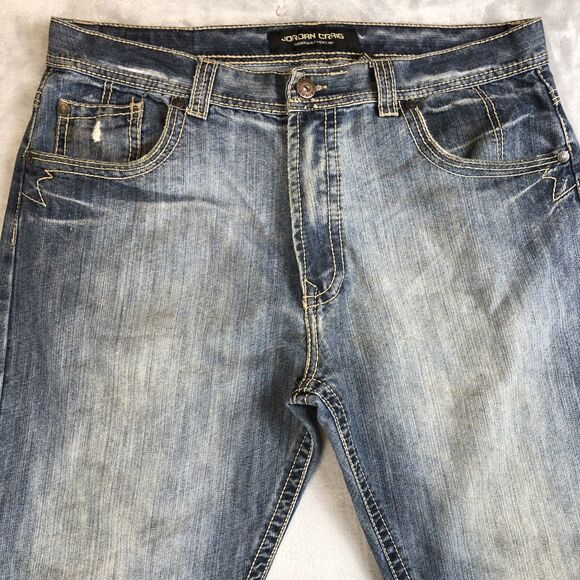Jordan Craig Jeans Men 38x32 Blue Distressed Straight Leg Dark Wash Baggy - Picture 2 of 9
